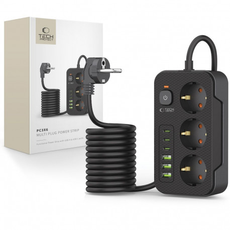 Tech-Protect pikendusjuhe PC3X6 3 pesa + 3xUSB + 3xUSB-C 2m, must