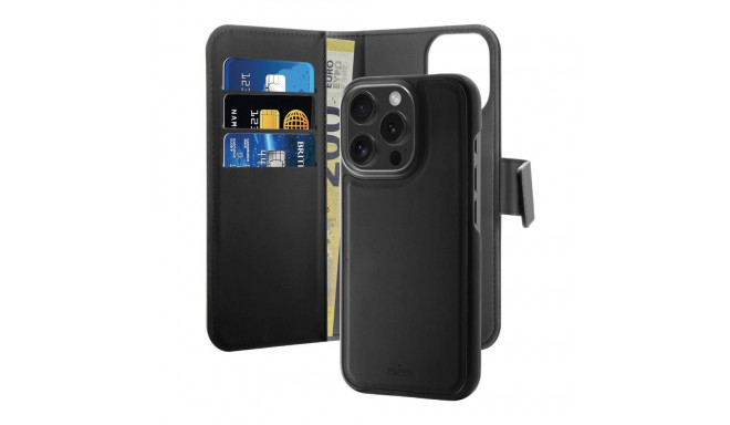 Puro Wallet Detachable MagSafe 2in1 PU Leather Case with Flap and Wallet for iPhone 16 Pro - Black