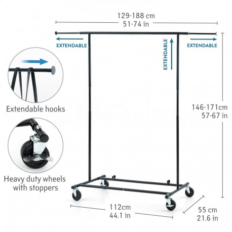 Tatkraft Derek Heavy Duty 70 kg ratastel riidestange, pikkus 129-188, laius 146-171 cm, must