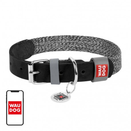 Dog collar made of natural leather and recycled material with QR code Waudog size L, width 25 mm, bl