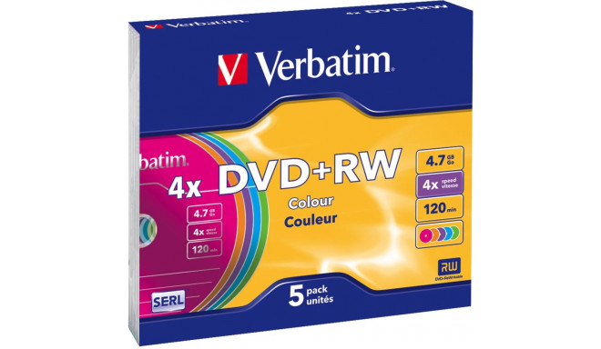 1x5 Verbatim DVD+RW 4,7GB 4x Speed Colour Surface Slimcase