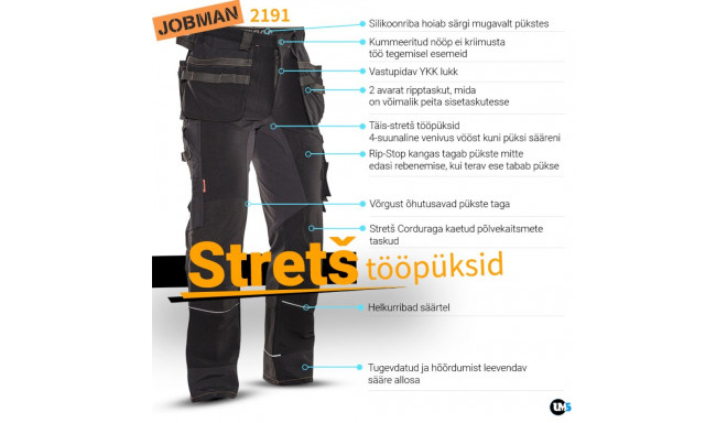 Jobman stretch vööpüksid ripptaskutega 2191 52