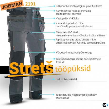 Jobman stretch vööpüksid ripptaskutega 2191 hallid 48
