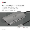 CLUB3D Type-C 8-in-1 hub with 2x HDMI, 2x USB-A, RJ45, SD/ Micro SD card slots and USB Type-C female