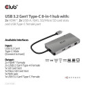 CLUB3D Type-C 8-in-1 hub with 2x HDMI, 2x USB-A, RJ45, SD/ Micro SD card slots and USB Type-C female