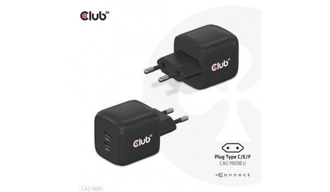 CLUB3D Travel Charger PPS 45W GAN technology, Dual port USB Type-C, Power Delivery(PD) 3.0 Support