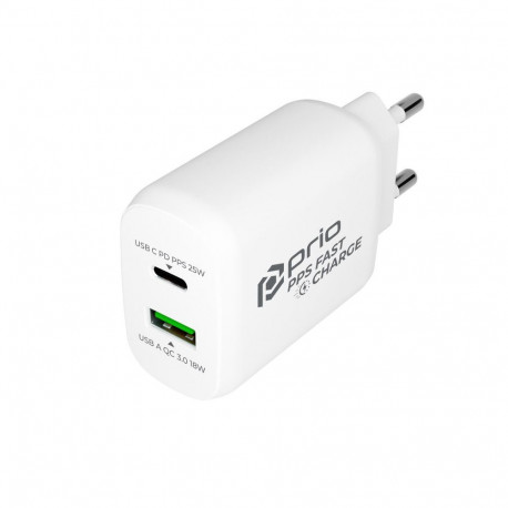 prio Fast Charge Wall Charger 25W PD PPS (USB C)+QC 3.0 (USB A) white