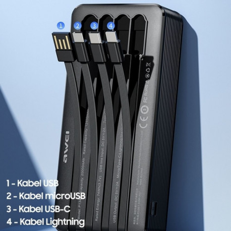 AWEI PowerBank P134K 20000mAh black display + USB/PD/Lightning/MicroUSB cables
