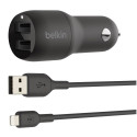 Belkin BoostCharge Dual USB-A Car Charger 24W -autolaturi USB-A - Lightning -kaapelilla, musta