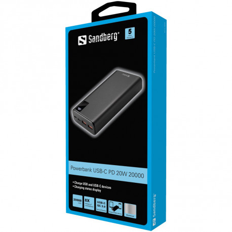 Išorinė baterija SANDBERG Powerbank USB-C PD 20W 20000mAh, 2x USB A, 2x USB C, juoda
