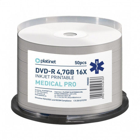PLATINET DVD-R 4,7GB 16X FF WHITE INKJET PRINTABLE MEDICAL PRO CAKE*50 [45843]
