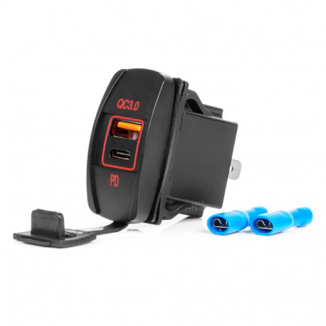 Veekindel autolaadija usb-pesadega paadikuju usb + usb-c qc3.0 12v 24v amio-04229