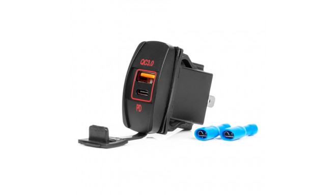 Ładowarka samochodowa z gniazdami usb wodoodporna w kształcie łódki usb + usb-c qc3.0 12v 24v amio-0