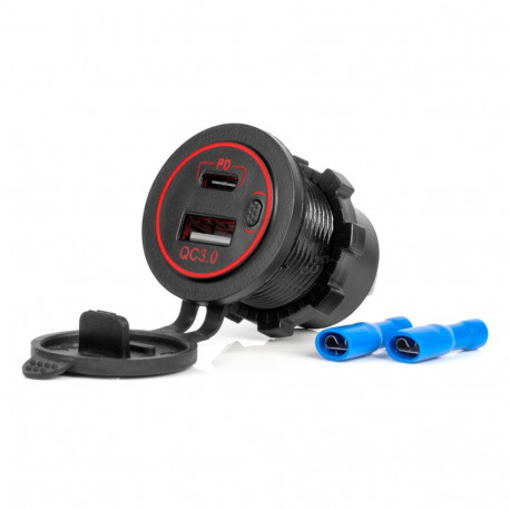 Veekindel autolaadija usb-pesadega usb + usb-c qc3.0 12v 24v amio-04221