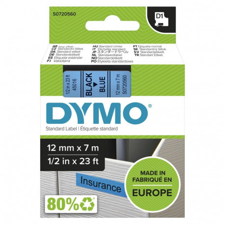 Dymo D1 teip 12 mm x 7 m, must sinisel taustal