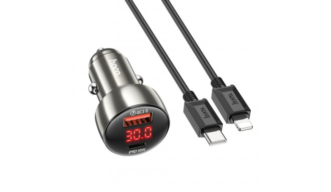 HOCO car charger USB A + Type C with digital display + cable Type C to Lightning PD QC3.0 3A 48W Z50