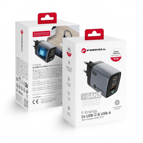 Phone charger Forcell F-Energy GaN III 2 x USB C + USB A QC4.0 3,45A PD 70W SAM SFC2.0 with display 