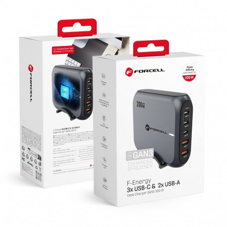 Desktop charger Forcell F-Energy GaN III 3 x USB C + 2 x USB A QC4.0 PD 5A 200W VT-51 gray