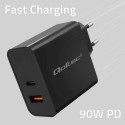 Qoltec 52381 Super Quick PD laadija | 1xUSB-C | 1xUSB| 90W | 5-20V | 2.4-4.35A | Must