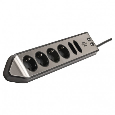 estilo Eck-Steckdosenleiste 6-fach (schwarz/edelstahl, 2 Meter, 2x USB)
