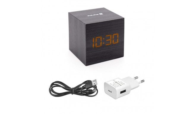 Evelatus EMC02 Digital Wood Cube Alarm Clock with temperature + USB adapter Black