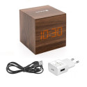 Evelatus EMC02 Digital Wood Cube Alarm Clock with temperature + USB adapter Dark Wood