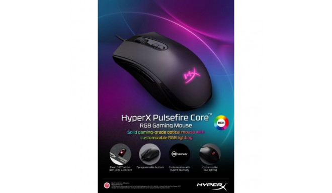 HyperX Pulsefire Core Wired Gaming Mouse 6200 DPI, RGB Lighting, Black