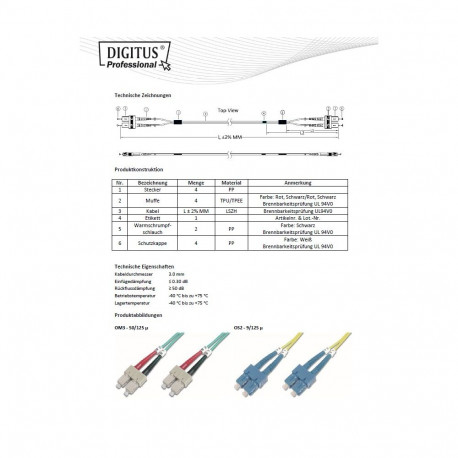 DIGITUS Fiber Optic Patch Cord, SC/SC Multimode 50/125 µ, OM3, Duplex, 2m