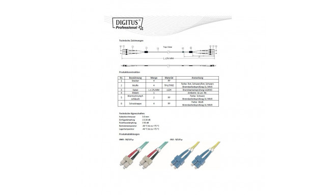 DIGITUS Fiber Optic Patch Cord, SC/SC Multimode 50/125 µ, OM3, Duplex, 1m