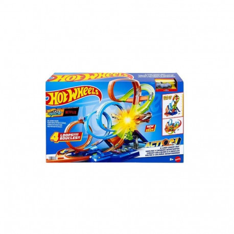 Hot Wheels Action 4-Loop Crash Out Track Set with Motorized Booster & 1:64 Scale Toy Car