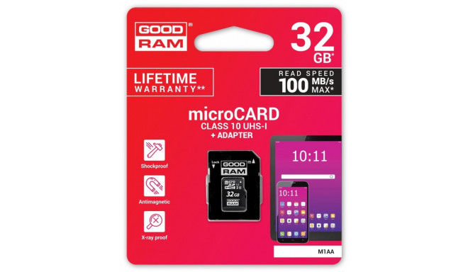 Goodram mälukaart microSDHC 32GB CL10 + adapter