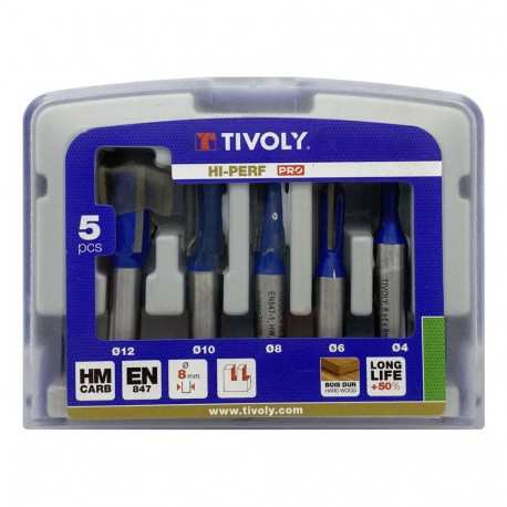 Tivoly Groove-Cutting Router Bit Set – 5-Piece Ø 4–12 mm, HM Diamond Cut, 8 mm Shank
