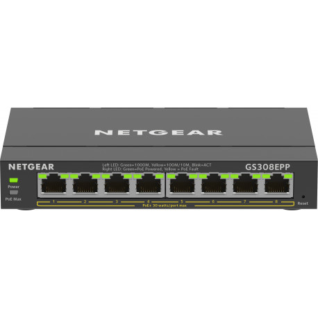 NETGEAR 8-pordiline Gigabit Ethernet kõrge võimsusega PoE+ lüliti (GS308EPP) hallatav L2/L3 Gigabit