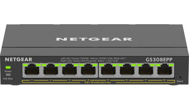 NETGEAR 8-porti gigabit Ethernet suure võimsusega PoE+ lüliti (GS308EPP) hallatav L2/L3 gigabit Ethe