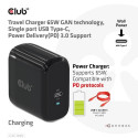 CLUB3D Travel Charger 65W GAN technology, Single port USB Type-C, Power Delivery(PD) 3.0 Support