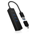 Raidsonic 4 Port Hub with USB 3.0 Type-A, Type-C, Gigabit LAN Icy Box IB-HUB1419-LAN Black
