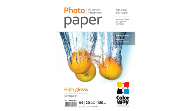 ColorWay Photo Paper 20 pcs. PG180020A4 Glossy, White, A4, 180 g/m