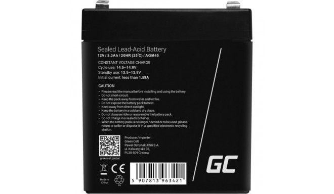 AGM Battery Lead Acid 12V 5.3Ah Maintenance Free Green Cell for alarm and car