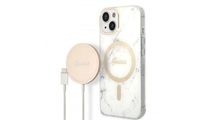 Set Guess GUBPP14SHMEACSH Case+ Charger iPhone 14 6.1" white/white hard case Marble MagSafe