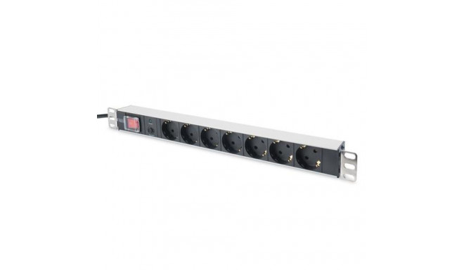 Digitus aluminum outlet strip with overload protection, 7 safety outlets, 2 m supply safety plug