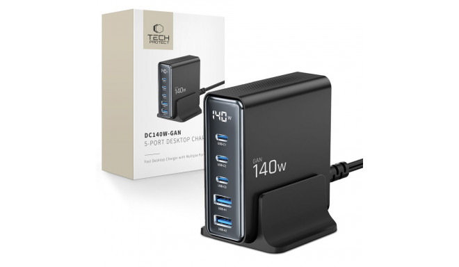TECH-PROTECT DC140W-GAN 5-PORT DESKTOP CHARGER PD 140W / QC3.0 BLACK
