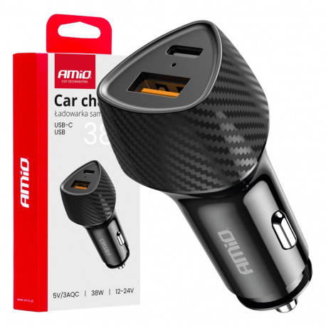 autolaadija qc+pd 38w usb-a + usb-c amio-04283