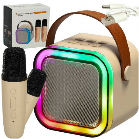 Karaoke komplekt 2 mikrofoni + kaasaskantav kõlar BLUETOOTH USB LED beež