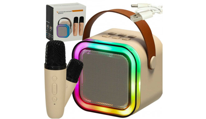 Karaoke komplekt 2 mikrofoni + kaasaskantav kõlar BLUETOOTH USB LED beež