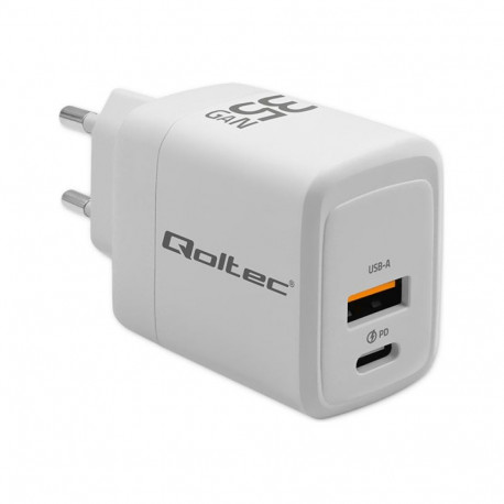 QOLTEC laadija 51824 GaN 35W 5/20V 1.5/3A 1 x USB C PD 1x USB QC 3.0, valge