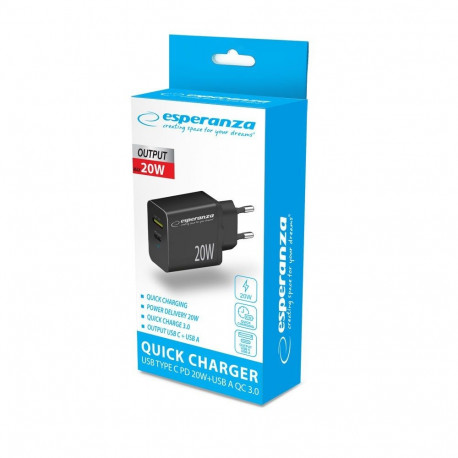 Mains Charger - Esperanza EZC105K 20W Quick Charge Black