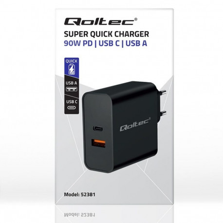 Power Adapter - Qoltec 52381 90W PD Charger 1xUSB-C 1xUSB Black