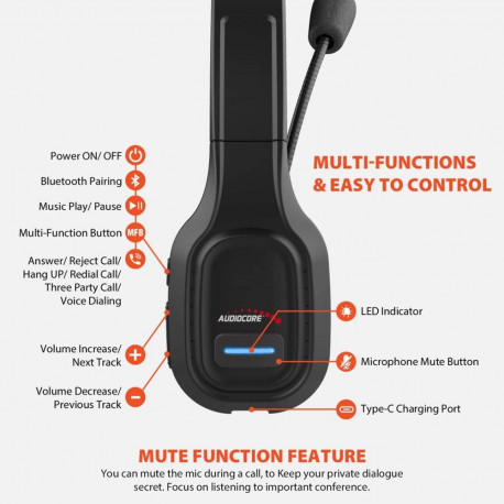 Bluetooth Headset - Audiocore 74452 Wireless Noise Canceling Headphone