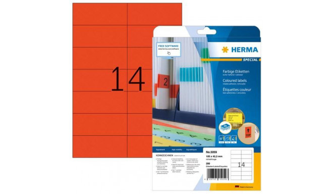 HERMA Coloured labels A4 105x42.3 mm red paper matt 280 pcs.