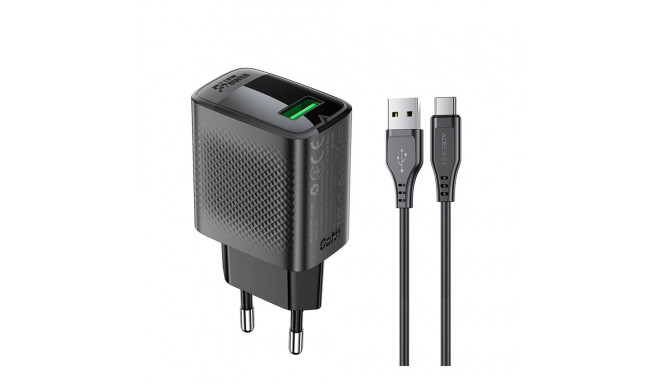 Acefast A90 GaN USB-A QC 18W Charger - Black + USB-A / USB-C Cable